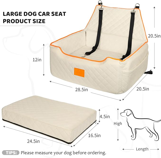 XIEEAOZEE Dog Car Seat for Large/Medium Pet Under 55Lbs or 2 Small Dogs | Detachable and Washable Booster Dog Seat Travel Pet Seat with Thick Cushion & Storage Pockets (Beige)
