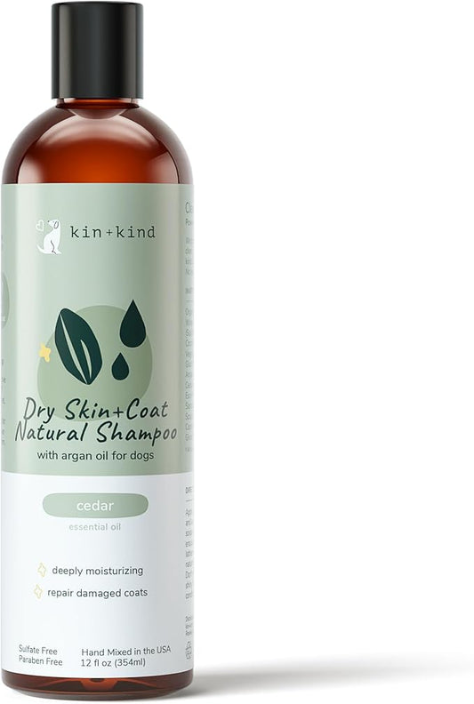 kin+kind Dry Skin + Coat Natural Dog Shampoo - for Dry Skin & Coat - Argan Oil Moisturizing Clean - Cedarwood Fragrance - 12 fl oz