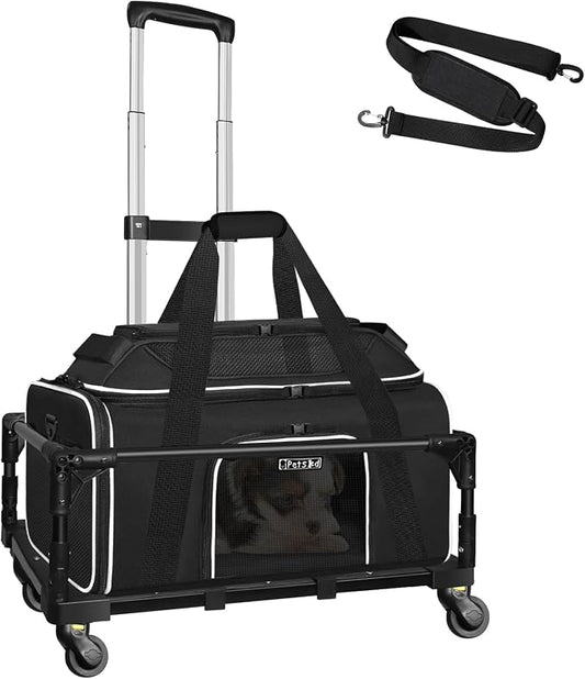 Top-Expandable Small Pet Carrier with Wheels Airline Approved | 18"x13"x9.5", for Southwest Airlines, Lockable Safety Zippers and Anti-Scratch Mesh, Pets Under 10 Lbs, Black