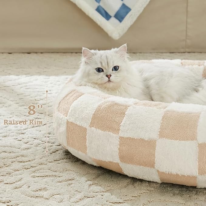 Ohocut Checkered Cat Dog Bed, Cute Beige Khaki Retro Style Aesthetic Round Warming Pet Calming Beds for Small Dog and Cats, Plush Cozy Donut Beds Washable, 23" L x 23" W x 8" Th
