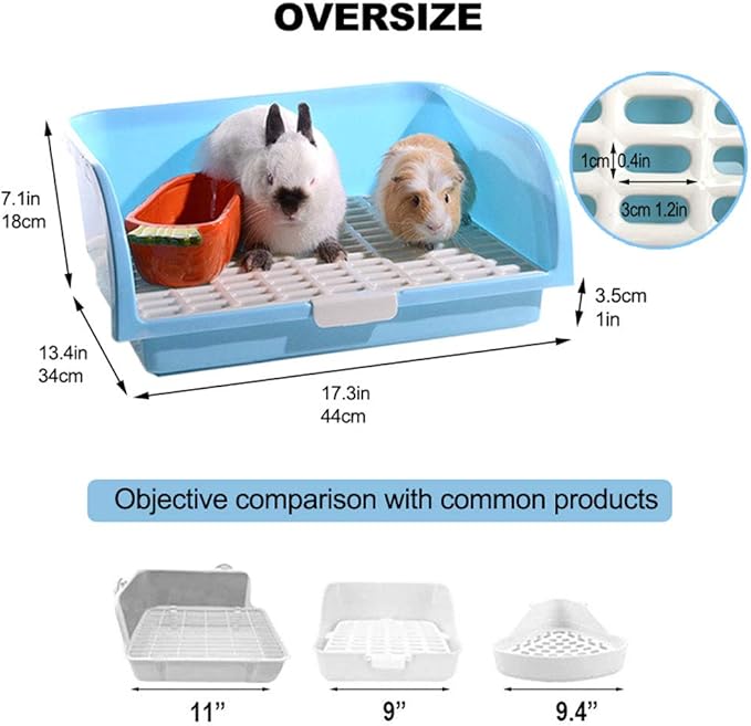 Amakunft 17"x13" Extra Large Rabbit Litter Box with 10PCS Pee Pads, High Sided Plastic Bunny Rat Ferret Litter Box with Removable Grid, Indoor Guinea Pig Jumbo Corner Litter Pan for Small Animal Cage