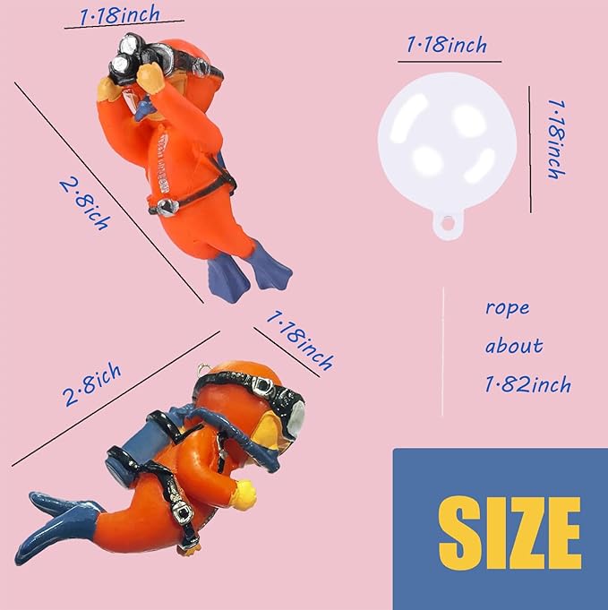 2-Pack Tank Decorations, Cute Little Diver, Aquarium Decoration Accessories Ornaments with Float Ball, Playmate for Tank Suitable for All Kinds of Fish and Tanks (Orange)