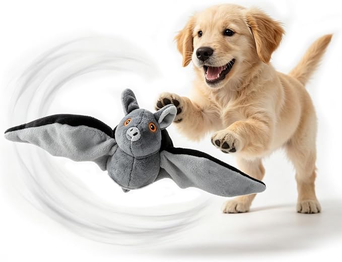 Interactive Flying Bat Dog Toy, Flapping Wings Cute Bat for Indoor Cats & Dogs, Automatic Flapping Wings with Chirping Sounds, Touch Activated, Rechargeable for Solo Play，Manual Switch