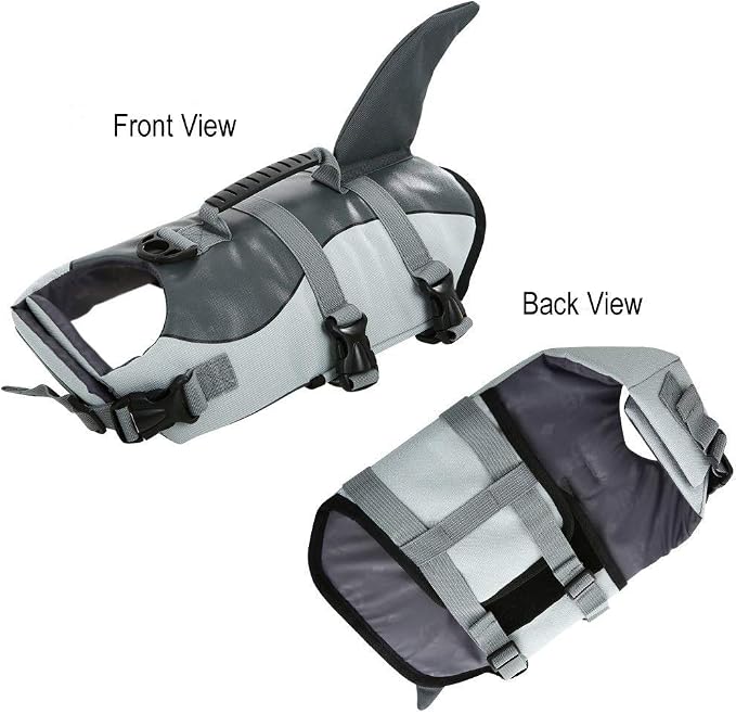 Dog Life Jacket Ripstop Shark Dog Safety Vest Adjustable Preserver with High Buoyancy and Durable Rescue Handle for Small,Medium,Large Dogs, Grey Shark XX-Large