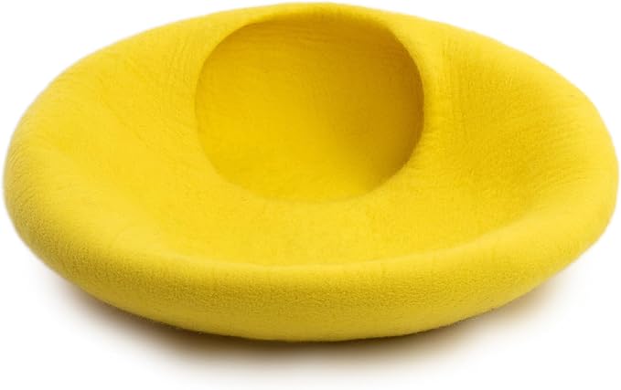 Luxurious Merino Wool Cat Cave - Foldable Hideaway Pod for Indoor Cats - Premium Felt Kitten Pet Enclosure - Covered Cat House for Ultimate Cozy Comfort by Woolygon (Yellow Plain)