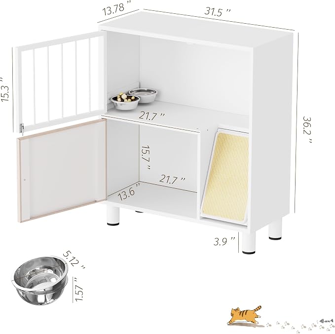 Metal Cat Feeding Station, Dog Proof Cat Feeding Station, Pet Food Storage | Cat Food Table, Raised Bowls for Indoor Cats, Elevated Food Bowls with Stand, Cat House with Scratching Board, Metal White