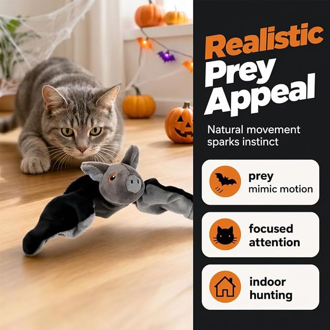 Flying Bat Dog Toy, Flapping Wings Interactive Chirping Pet Teaser, Remote Control Rechargeable Halloween Bat Toy with Catnip Filling, Electric Simulation Flying Motion Toy for Cats Dogs，2pcs