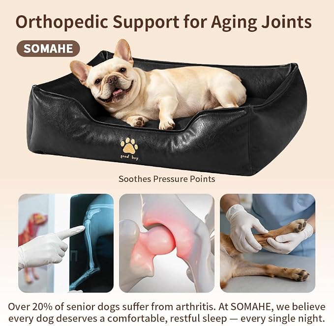 SOMAHE Waterproof Leather Dog Bed, Bolster Couch, 24x19x9 Black | Wipe-Clean Waterproof Leather + Removable Cushion: raised bolsters create a cozy bed for small-medium dogs.