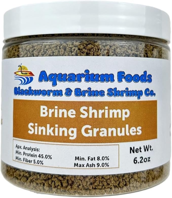 Aquatic Foods Inc. Brine Shrimp 0.5-2.5mm Sinking Granules for All Small & Baby Discus, Cichlids, Tetras, Live Bearers, Catfish, Small Plecos, All Tropical Fish…6.2oz Med Round Jar