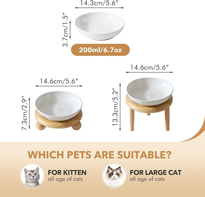Havniva Elevated Cat Bowls, Cat Food and Water Bowl Set, Ceramic Cat Bowl | Raised Cat Food Bowls, Whisker Friendly, 5.6” Shallow Cat Dishes, Wide Cat Plates, Non-Slip Wood Stand, Two Heights