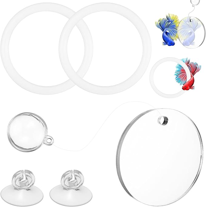 2 Pcs Betta Fish Exercise Ring & Mirror Set, Floating Enrichment Toys with Feeding Ring for Betta Tank, Training & Play Accessories to Prevent Boredom, Safe Aquarium Decor for Beta Fish