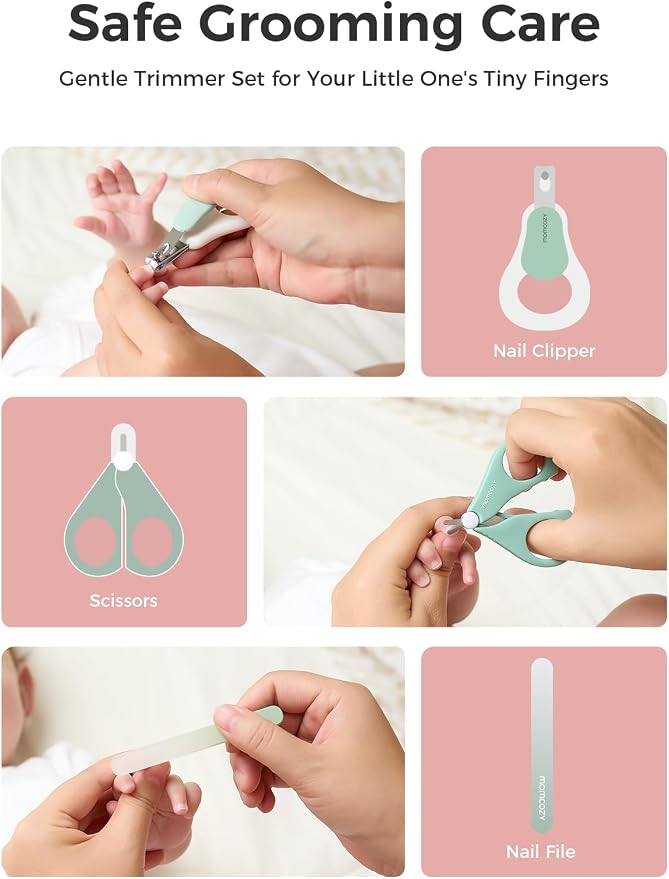 Momcozy Core Baby Kit, Basic Baby Shower Gift & Registry Essential Kit | Grooming&Health&Cleansing Care Set, Nail File Kits,Nasal Aspirator,Gas Relief Tubes,Bath Brushes,Toothbrush,Comb,Storage Case