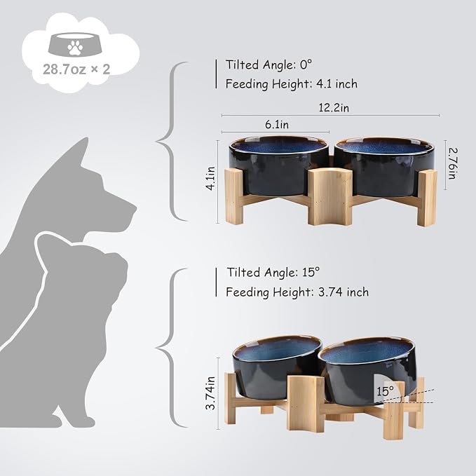 SPUNKYJUNKY 15° Slanted Ceramic Dog and Cat Bowl with Wooden Stand, Tilted Bulldog Food and Water Bowl No Slip Non-Spill for Cats Medium Dogs Big Face Pets 28.7 OZ (3.6 Cups, Starry Blue × 2)
