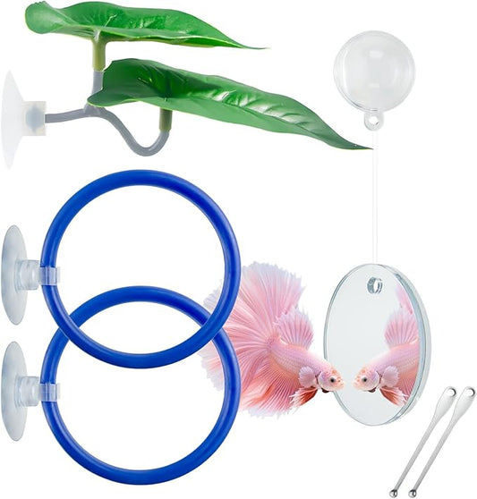 Betta Fish Toy Set: Betta Training Floating Mirror, Training/Feeding Ring, Spoon, and Resting Leaf. Promotes Exercise. Betta Toys, Resting & Feeding Kit.