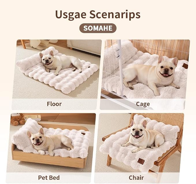 SOMAHE Cat Bed and Small Dog Bed Mat, Raised Pillow, 27 x 20 Inch, White | Self-Warming Fuzzy Faux Fur Surface, Soft Plush Pet Sleeping Pad for Indoor Cats, Machine Washable, Non-Slip Bottom