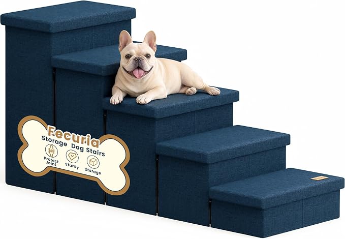 5-Step Wide Dog Stairs with Storage 23" H, Non-Slip Sturdy Pet Steps for High Bed Couch Window, Pet Stairs for Small/Medium/Large Old Dogs Cats Up to 220lbs, Cat Dog Steps for Car/SUV, Navy