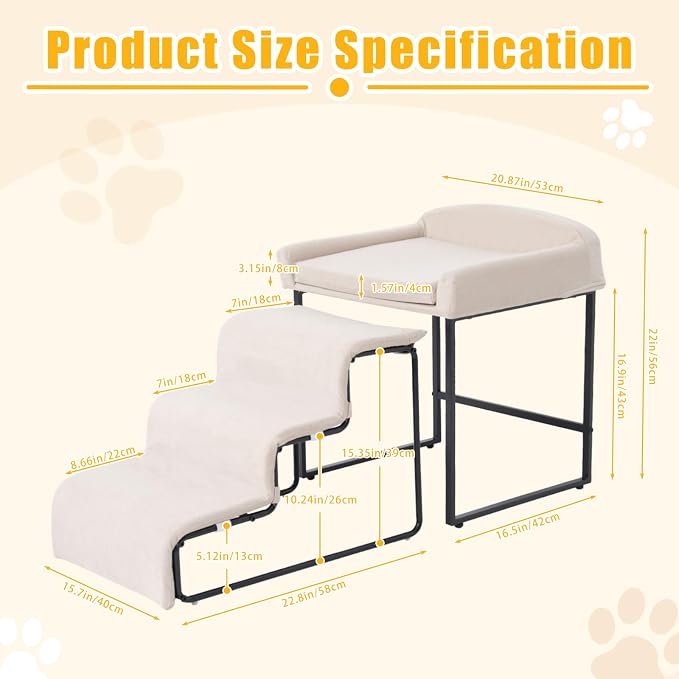Dog Steps with Beside Pet Bed Set for Bed Window Sofa Dog Window Perch with Stairs for Small Pets Pet Steps and Window Perch with Sturdy Metal Frame and Soft Cushion for Small Dogs (with Pet Bed)