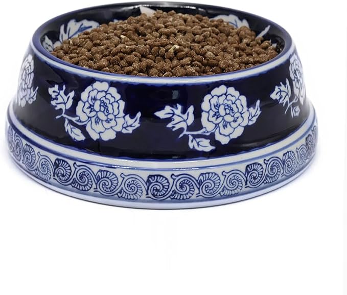 Aimusego Vintage Blue Ceramic Dog Bowls, Dog Food Feeding Dish for Medium Dogs Cats, Heavy Chinoiserie Porcelain Pet Bowl for Water,Durable & Easy to Clean-9inch