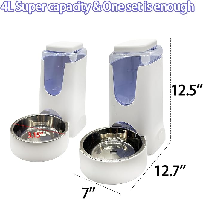 Distributeur automatique de nourriture et d'eau Hamiledyi Pets 2,8 L et 4 L avec gamelle en acier inoxydable pour chiens et chats de taille moyenne et grande (blanc)
