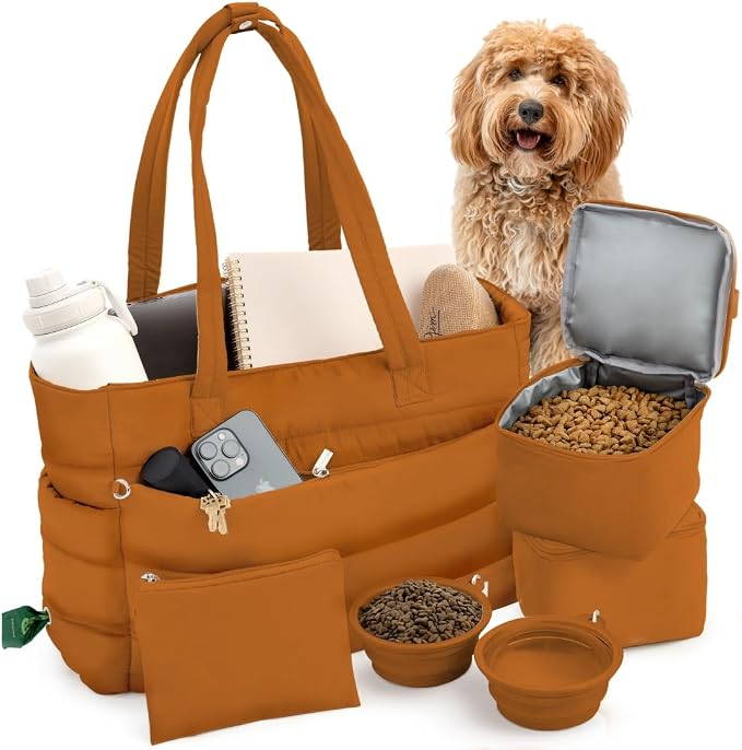 Puffer Dog Travel Bag for Dog Moms, Diaper Bag with Travel Bowls | 2 BPA-Free Collapsible Bowls, 2 Pet Food Containers, 9 Pockets, Everyday Puffer Bag Works With or Without Your Dog, Rust