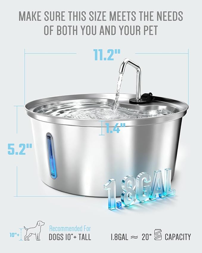 Dog Water Fountain Stainless Steel, 7L/1.8Gal Pet Fountain Water Bowl with Multi-Filtration & Deeper Drinking Aera, Large Cat Water Fountain with Water Window & LED (2 Filters 1 Fountain)