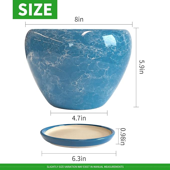Deep Dream 8 Inch Plant Pots- Ceramic Pots for Plants with Drainage Hole and Saucer, Large Planter Pot for Indoor Plants Outdoor Decor, Gemstone Blue