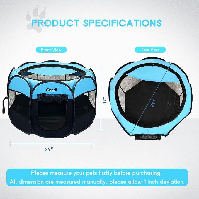 GOOZII Dog Playpen Portable Collapsible, Indoor Outdoor Pet Puppy Exercise Playpens Case with Zipper Door Top Cover Floor for Large Cat Rabbit Travel Camping (Small Size, Black/Blue)