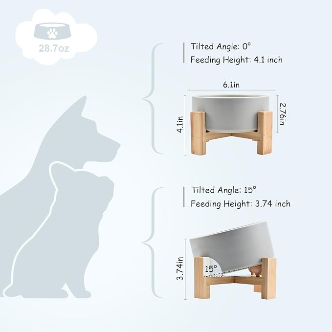 SPUNKYJUNKY 15° Slanted Ceramic Dog and Cat Bowl with Wooden Stand, Tilted Bulldog Food and Water Bowl No Slip Non-Spill for Cats Medium Dogs Big Face Pets 28.7 OZ (3.6 Cups, Grey)