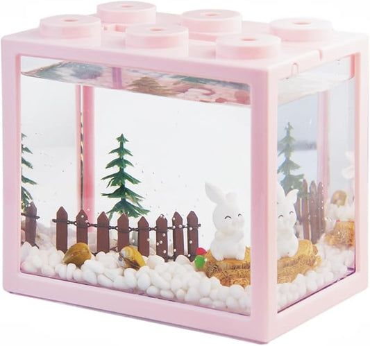 Small Betta Fish Tank, Stackable Mini Aquarium Tank Kit with Aquarium Gravel & Forest Micro Landscape, 0.6 Gallon Acrylic Cube Fish Bowl for Sea Monkeys Shrimp Snails (Pink)