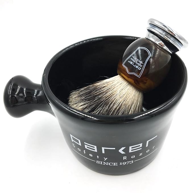 Parker 3-Band Pure Badger Shaving Brush with Faux Horn & Chrome Handle + Stand | 22mm Soft Knot for Dense Lather | Handcrafted Wet Shaving Brush for Cream or Soap | Long Loft