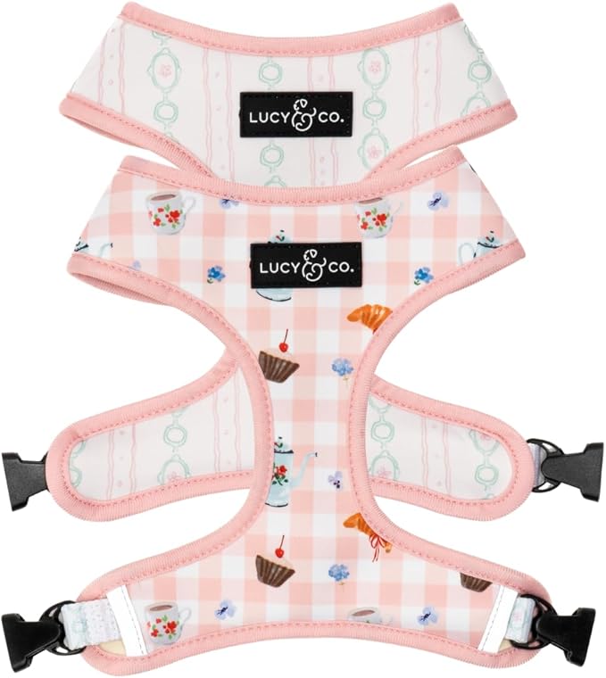 Lucy & Co. Reversible Dog Harness - Water-Repellent Neoprene, Dual-Print Design, Easy Swap Style, Adjustable Comfort Fit - Sipping Slowly Reversible Harness - Small