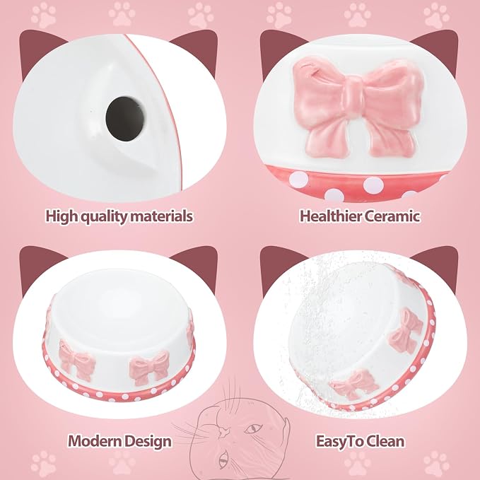 Reallnaive 1 Pcs Pink Bow Ceramic Bowl for Small Dog and Cat Cute Bowtie Pet Bowl for Food Water Macaron Pink Dish Pets Feeding Bowls Suitable Small Cat Dogs