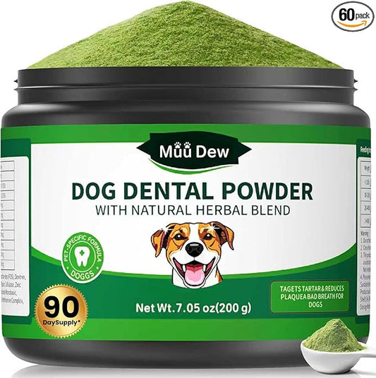 Dog Teeth Cleaning Powder, Dog Dental Powder and Cats Breath Freshener, Bad Breath & Tartar Remover for Dogs, Natural Herbal Blend of All Breeds, 200 Grams(90-Day Supply)