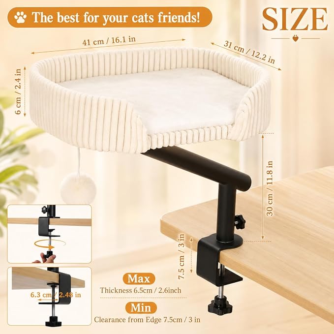 Cat Desk Bed with 3 Mats for All Seasons, 360° Rotating Adjustable | Clamp-On Desk Cat Bed with Reversible Plush Cushion, Sisal Scratch Mat, Cooling Mat & Hanging Ball, Supports 50 lbs, White