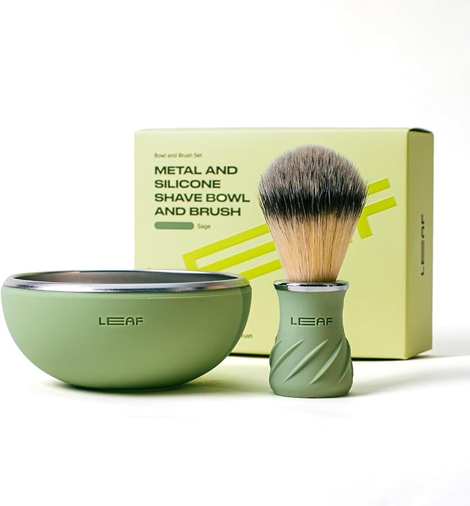 Leaf Shave Leaf Bowl and Brush Set - Grooming Bowl & Lather Brush, Sage | Stainless steel and silicone, compatible with shave soap bars and refills