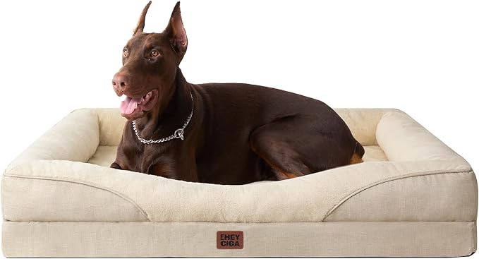 EHEYCIGA Orthopedic Dog Bed for Large Sized Dog, 45x35 Inch Large Memory Foam Dog Couch Bed with Sides, Waterproof Liner & Washable Removable Cover, Bolster Pet Sofa, Beige