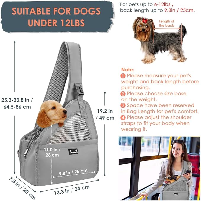 SlowTon Dog Sling Carrier, Hands Free Hard Bottom for Small Dogs up to 11lb | Breathable Mesh Support, Adjustable Padded Strap, with Pocket Safety Belt, Machine Washable, for Small Animal Puppy, Grey