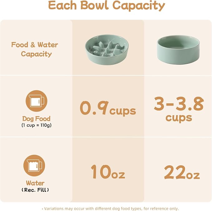 Havniva Elevated Slow Feeder Dog Bowls, Ceramic Dog Bowl Slow Feeder Set | 0.9 Cups Raised Slow Feeder Dog Bowl for Small Breed, 6.1” Dog Water Bowl with Wooden Stand, Puzzle Dog Food Bowl, Non-slip