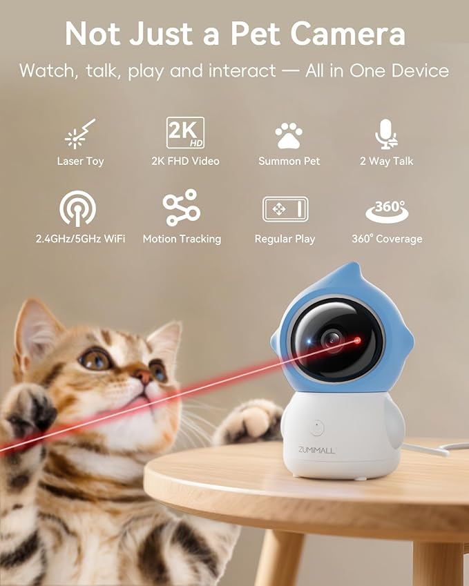 ZUMIMALL Pet Camera with Laser Toy, 2K WiFi Dog Cat Camera with Phone App | Features auto tracking, AI/PIR smart pet detection, 2-way talk, privacy protection, 2k camera with laser, Supports Alexa