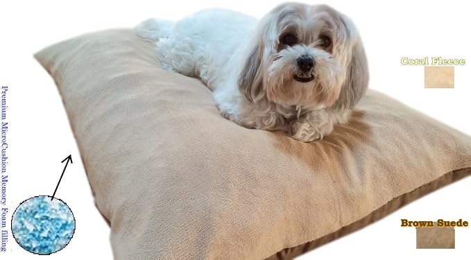 Durable Comfort Micro-Cushion Memory Foam Pet Dog Pillow Bed with Waterproof Liner + External Cover for S,M,L Dogs- Complete Set (Beige Coral Fleece, 48''x29'')