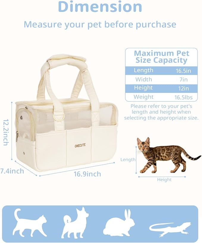 ONECUTE Dog Purse Carrier for Small Dogs Rabbit cat with Large Pockets, Cotton Bag, Dog Carrier Soft Sided, Collapsible Travel Puppy Carrier (Beige Breathable, 17.0" L x 7.5" W x 12.0" H)