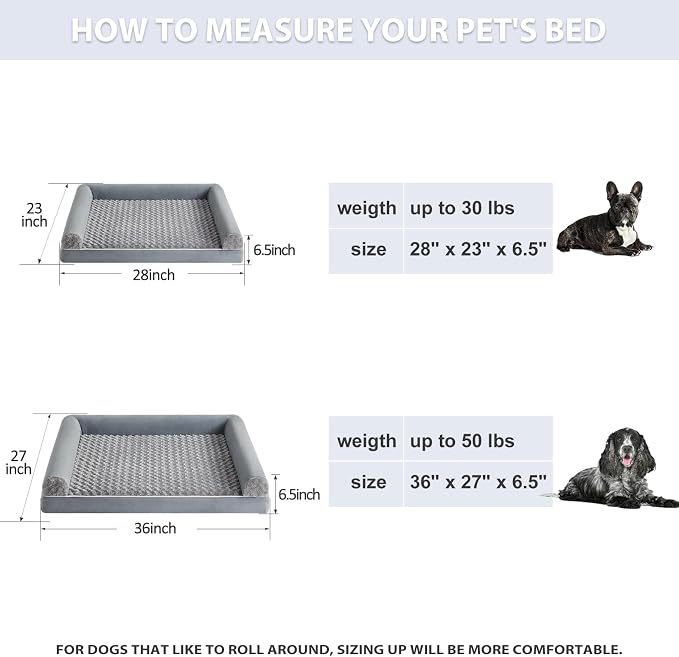 BFPETHOME Orthopedic Washable Large Dog Bed for Senior Dog Comfy Sleep | Waterproof Big Soft Pet Couch Bed for Dogs Relax with Removable Cover Supportive Egg Crate Foam Grey 28x23 Inch