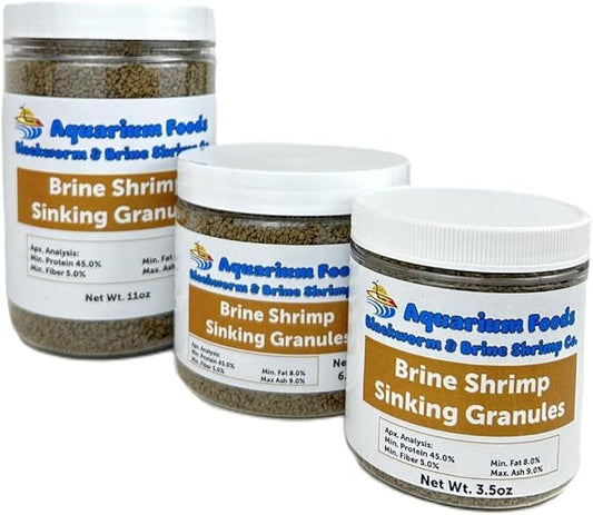 Aquatic Foods Inc. Brine Shrimp 0.5-2.5mm Sinking Granules for All Small & Baby Discus, Cichlids, Tetras, Live Bearers, Catfish, Small Plecos, All Tropical Fish…3.5oz Sm Round Jar