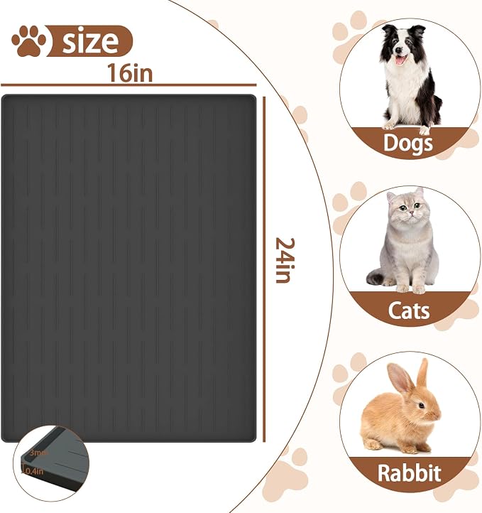 24"x16" Large Dog Food Mat, Silicone Dog and Cat Mats for Food and Water Bowls, Waterproof Raised Edge Pet Feeding Mat for Contain Spills Protects Floors, Multiple Colors & Sizes for Pets, Brown