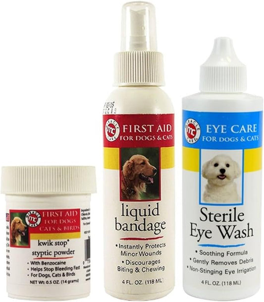 Miracle Care Pet First Aid Bundle: Kwik Stop Styptic Powder 0.5oz + Liquid Bandage Spray 4oz + Sterile Eye Wash 4oz