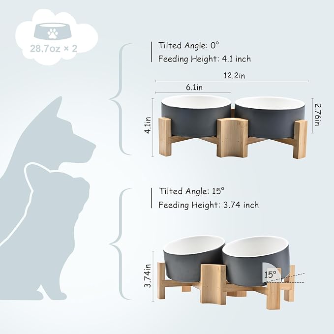 SPUNKYJUNKY 15° Slanted Ceramic Dog and Cat Bowl with Wooden Stand, Tilted Bulldog Food and Water Bowl No Slip Non-Spill for Cats Medium Dogs Big Face Pets 28.7 OZ (3.6 Cups, White-Grey × 2)