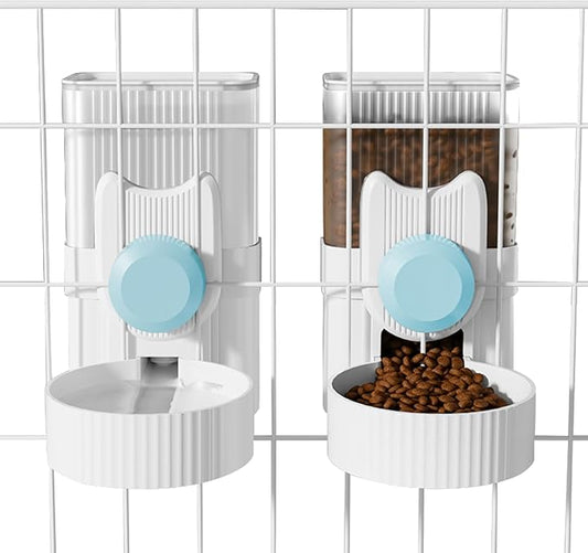 Distributeur Automatique de Nourriture et d'Eau pour Petits Animaux à Suspendre, Bouteille d'Eau 1L, Mangeoire et Abreuvoir par Gravité, Station d'Alimentation pour Clapier, Gamelle pour Lapin, Chiot, Chat, Furet (Bleu)