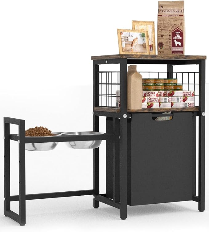 30.6Long x 26.2 High Elevated Dog Bowl Stand, Black | with Pet Food Storage Organizer,Adjustable Raised Feeding Station with Toy Basket for Large Medium Small Dogs and Cats