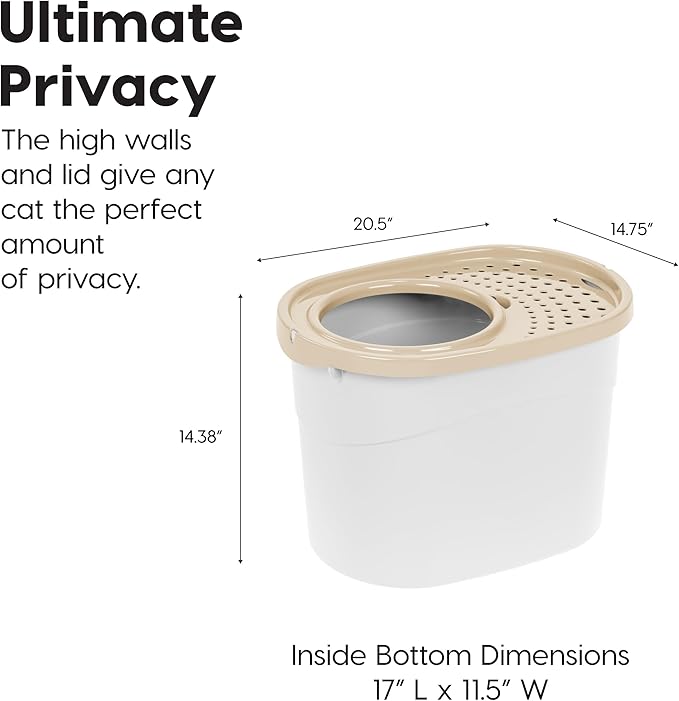 IRIS USA Cat Litter Box Large Top Entry with Lid Enclosed Covered Hooded Design Litter Catching Scatter Shield Pan Dog Proof Pet Proof Scoop Included Odor Control for Indoor Cats Kittens White/Beige
