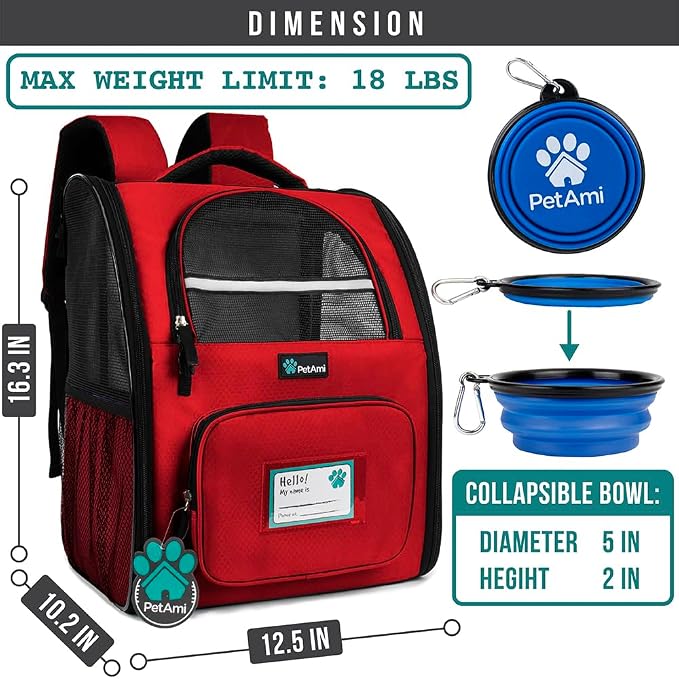 PetAmi Dog Backpack Carrier for Small Medium Dogs Large Cats up to 18 lbs, 2 Side Entry, Structured No-Collapse Frame, Airline Approved Ventilated Pet Backpack for Hiking Camping Travel Vet, Red